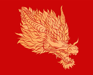 Bright luxury poster with traditional golden Chinese dragon head on red background. Mythology animal in Asian style. Solid ink gold dragon tattoo
