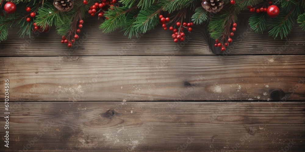 Poster a wooden table adorned with pine cones and red berries. perfect for rustic and festive decorations.