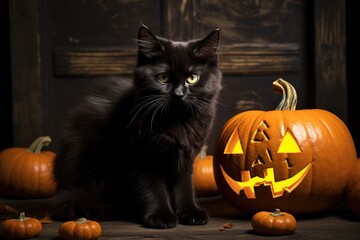 Halloween cat with pumpkin - generative ai