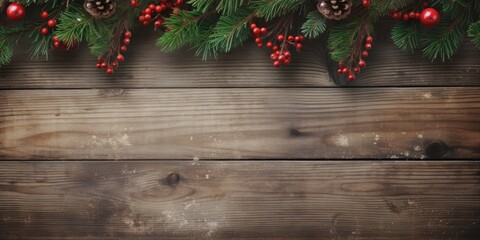 Fototapeta na wymiar A wooden table adorned with pine cones and red berries. Perfect for rustic and festive decorations.