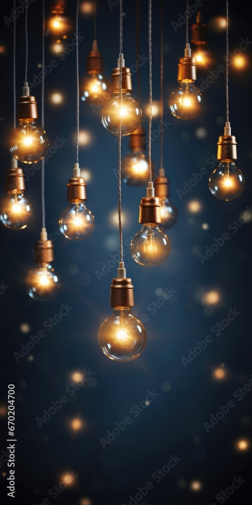 Poster A bunch of light bulbs hanging from a ceiling. Versatile image that can be used for various concepts and themes.