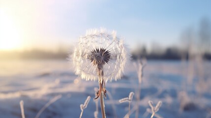 A single Diamond Dust Dandelion seedhead covered in glistening ice crystals, set against a serene winter landscape.
