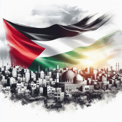 Palestinian flag on the image of Palestine and Gaza