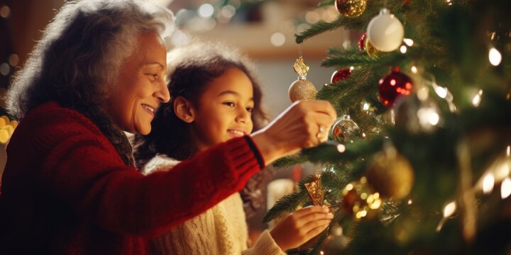 A woman and a child are shown in the process of decorating a Christmas tree. This image can be used to showcase the joy and excitement of holiday traditions.