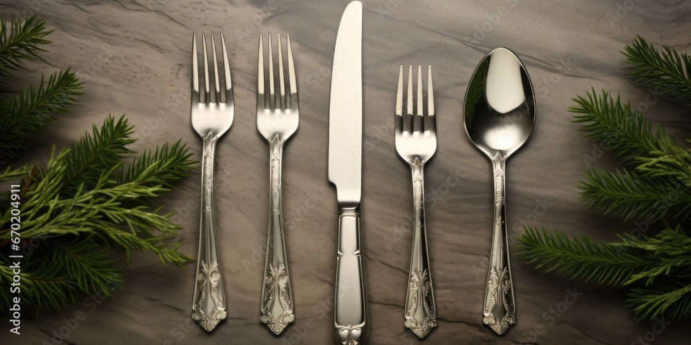 Aufkleber A picture of silverware neatly arranged on a table. This image can be used for showcasing elegant dining settings or for illustrating restaurant menus