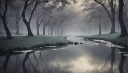 Fotobehang a foggy morning on a river with a mysterious fog in the background, illustration arta foggy morning on a river with a mysterious fog in the background, illustration art beautiful foggy autumn landscap © Shubham