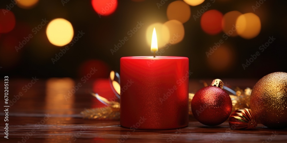 Poster A red candle sitting on top of a wooden table. This versatile image can be used to create a cozy atmosphere or add a touch of warmth to any setting