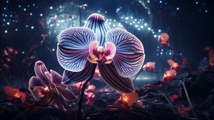 A single Orchid Obscura, intricately detailed, in an abstract, alien landscape, illuminated by an...
