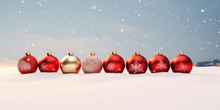 A row of red and gold Christmas ornaments sitting in the snow. This image can be used to add a festive touch to holiday-themed designs or advertisements