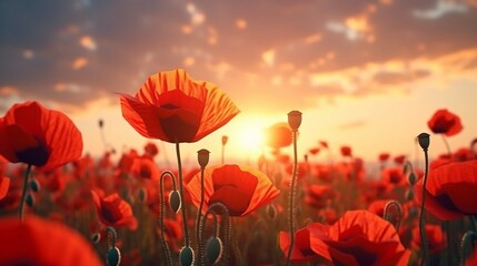 Beautiful nature background with red poppy flowers poppy in the sunset in the field. Remembrance Day, Veterans Day, lest we forget the concept. generative ai - obrazy, fototapety, plakaty