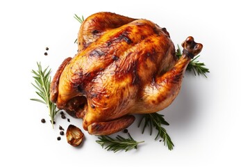 A delicious roasted chicken with a blend of aromatic herbs and spices, perfectly cooked and presented on a clean white surface. Ideal for food blogs, recipe websites, and restaurant promotions