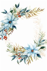 A wreath made of blue flowers and leaves, placed on a clean white background. Perfect for spring-themed designs or wedding invitations