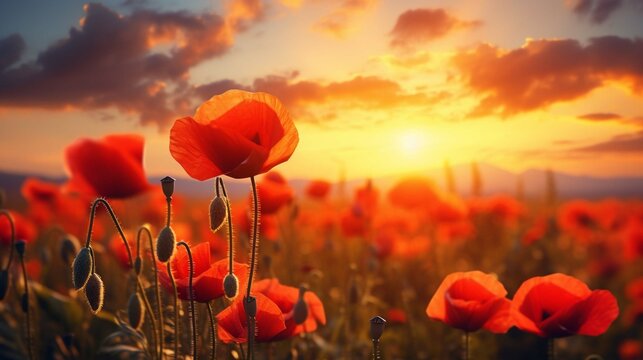 Beautiful nature background with red poppy flowers poppy in the sunset in the field. Remembrance Day, Veterans Day, lest we forget the concept. generative ai © Ahtesham