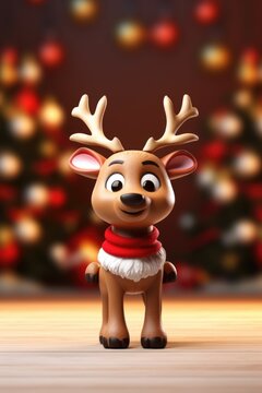 A close-up view of a toy reindeer placed on a table. This image can be used for holiday decorations or in children's toy advertisements