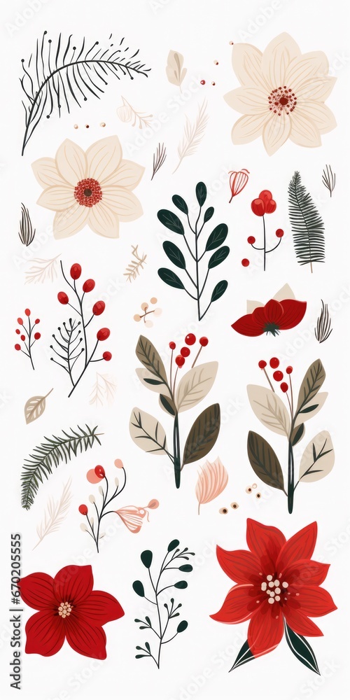 Poster A variety of flowers and plants arranged together on a white background. Perfect for adding a touch of nature and color to any design or project