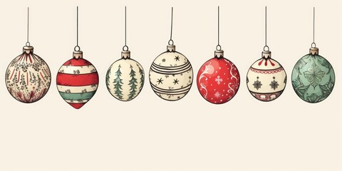 A row of Christmas ornaments hanging from strings. Perfect for holiday decorations and festive designs