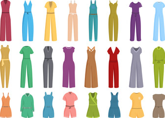 Jumpsuit icons set cartoon vector. Cloth people fashion. Work industry - obrazy, fototapety, plakaty