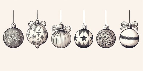 A row of Christmas ornaments hanging from strings. Can be used to add festive decoration to any holiday-themed project