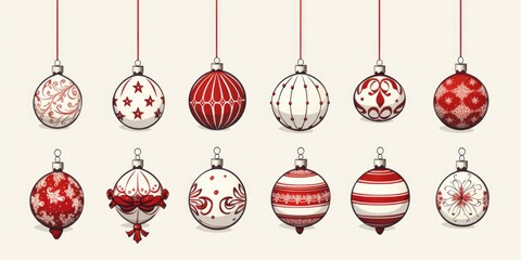 A collection of Christmas ornaments hanging from strings. Perfect for holiday-themed designs and festive decorations