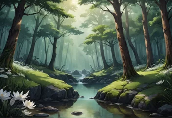 Gartenposter beautiful forest with a river and the river beautiful forest with a river and the river beautiful forest with a river and a large waterfall. © Shubham