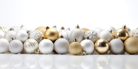 A row of white and gold Christmas ornaments. Perfect for holiday decorations and festive celebrations