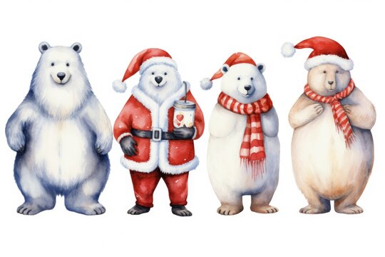 A group of polar bears dressed in festive attire, ready for Christmas celebrations. This image can be used to add a touch of holiday spirit to any project