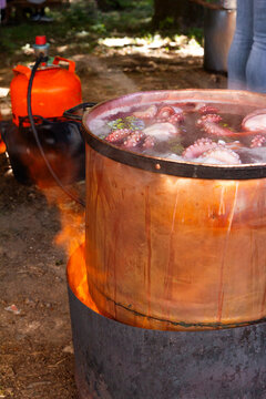 Boiling octopus in outdoor setting