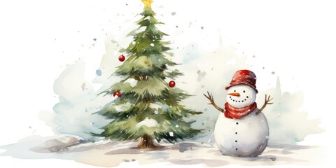 A watercolor painting of a snowman standing next to a Christmas tree. This festive image can be used to create holiday-themed designs and decorations