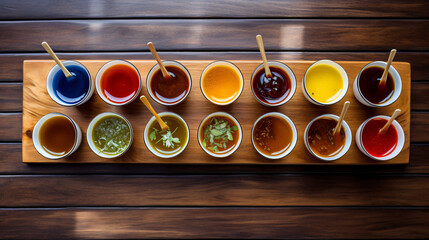 condiments in bamboo cups on a table view from the top, pattern, plastic, barrel, food, container,...