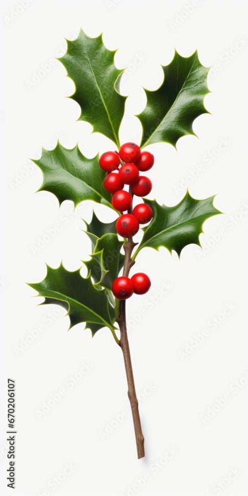 Poster a close-up image of a branch of holly with vibrant red berries against a clean white background. thi