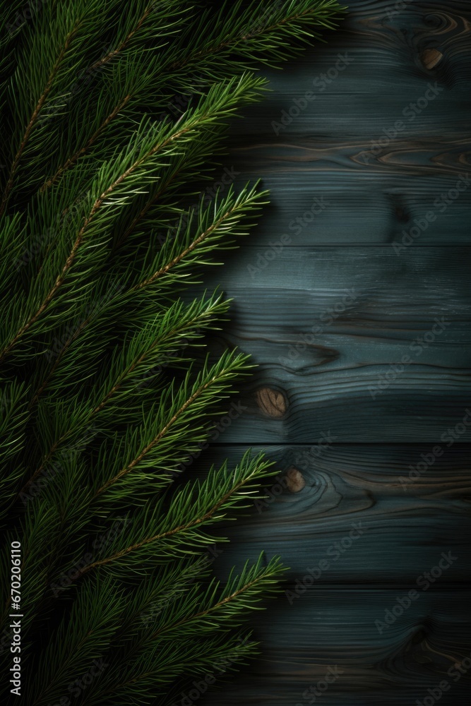 Poster A close-up view of a pine tree branch resting on a wooden table. This image can be used to enhance nature-themed designs or add a touch of rustic charm to various projects
