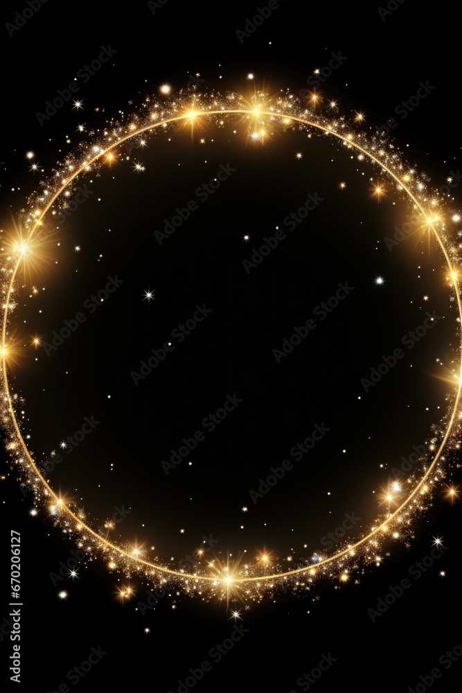 Poster A circle of gold sparkles on a black background. Suitable for adding a touch of glamour and elegance to various design projects
