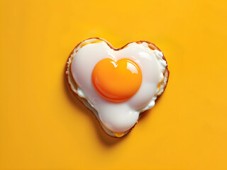 fried egg in the shape of a heart on a minimalistic background - obrazy, fototapety, plakaty