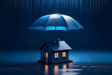 house waterproofing concept, house under an umbrella on a minimalist background - obrazy, fototapety, plakaty