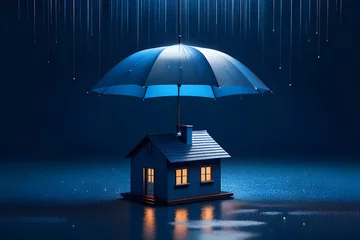 Fotobehang house waterproofing concept, house under an umbrella on a minimalist background © Ocharonata