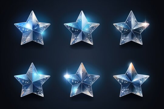 A set of six shiny stars on a dark background. This image can be used for various purposes, such as decoration, celebrations, or to represent success and achievement