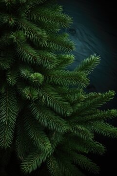 A close-up view of a pine tree with a dark background. This image can be used to depict nature, forestry, or winter landscapes