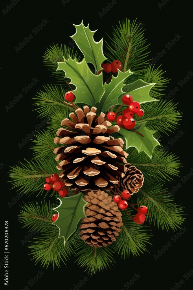 Poster a close-up photograph of a pine cone with holly leaves and berries. this image can be used for holid