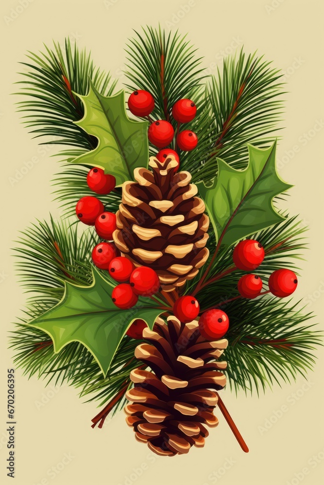 Poster a close-up image of a pine cone with holly leaves and berries. this picture can be used to add a fes
