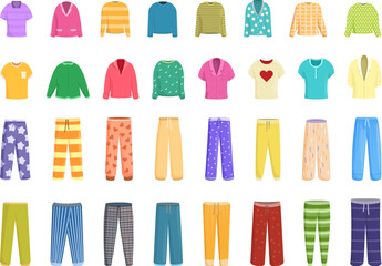 Pajamas icons set cartoon vector. Girl comfy clothes. Outfit fashion woman
