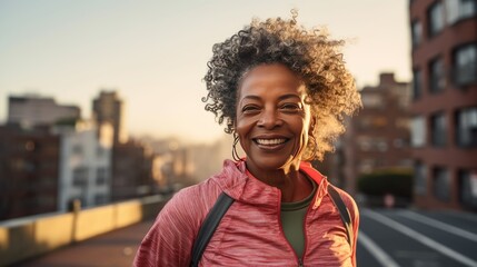 Fototapeta premium Mid adult African American woman is jogging outside