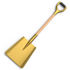Garden shovel with wooden handle on white background, summer camping concept
