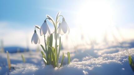 A snowdrop flower standing tall in a snowy landscape, basking in the sunlight.