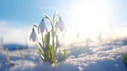  A snowdrop flower standing tall in a snowy landscape, basking in the sunlight. © Anmol