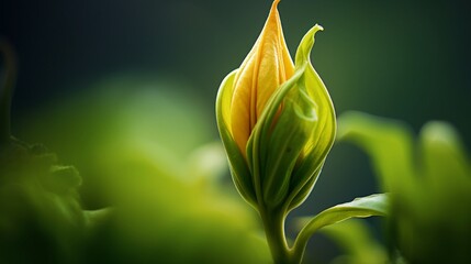 A soft focus, dreamy shot of a Golden Gloriosa bud about to bloom, in full ultra HD, capturing the anticipation of nature's artistry.