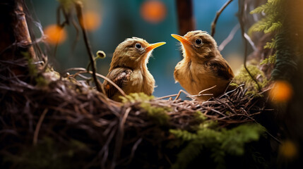 Chicks in the nest in the thickets. Grown up thrush chicks open their beak before eating.