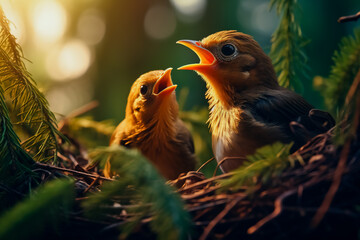 Chicks in the nest in the thickets. Grown up thrush chicks open their beak before eating. - obrazy, fototapety, plakaty