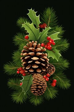 A close-up photograph of a pine cone with holly leaves and berries. This image can be used for holiday-themed designs or as a symbol of winter and nature