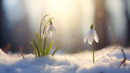 Fotobehang A snowdrop flower standing tall in a snowy landscape, basking in the sunlight. © Anmol