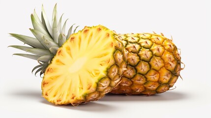 A vibrant, 3D-rendered image showcases a whole ripe pineapple with a perfect slice cut beside it. The rich, golden hue of the pineapple contrasts beautifully against the spotless white backdrop.